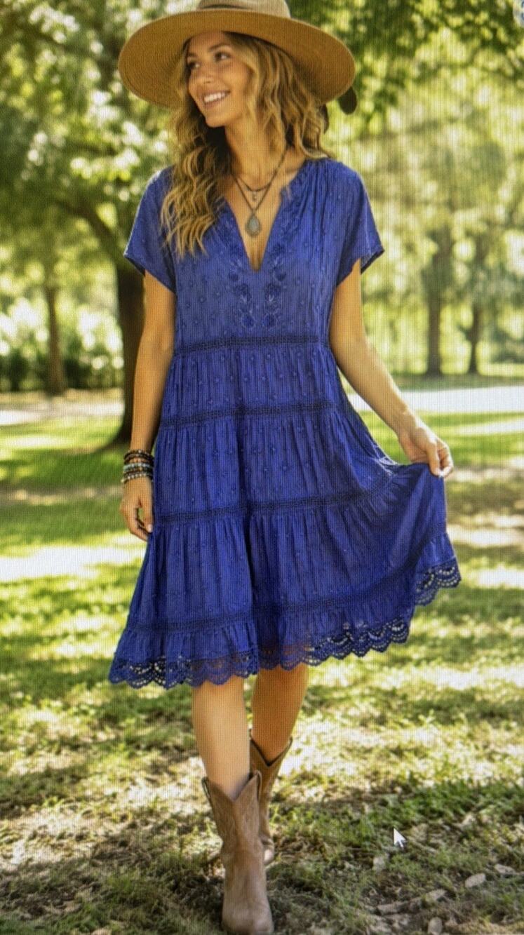 Sundance mini bohemian large Dress Blue lined vacation tiered embordered western - Picture 1 of 15